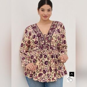 Torrid Floral Babydoll Rayon Crepe Embroidered Lace-Up Purple Tan Blouse 4X 26